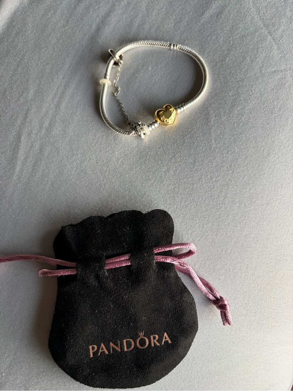 Pandora Two-Tone Silver Snake Chain Bracelet with Gold Heart Clasp - Picture 5 of 8
